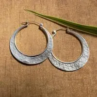 Sterling silver hoop earrings, 'Moon & Modernity' - Hammered and Polished Sterling Silver Moon Hoop Earrings