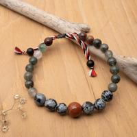 Men's bloodstone, obsidian and sandstone beaded pendant bracelet, 'Tridatu Trendy' - Yoga Tridatu Bloodstone Obsidian Sandstone Men's Bracelet