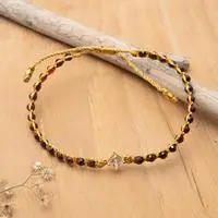 Gold-accented garnet and recycled glass beaded macrame pendant bracelet, 'Be Fiery' - Gold-Accented Garnet Bracelet with Recycled Glass Pendant