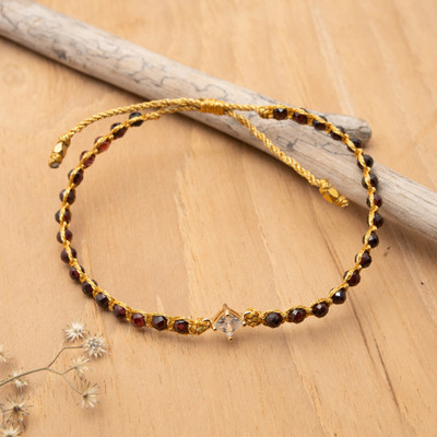 Gold-accented garnet and recycled glass beaded macrame pendant bracelet, 'Be Fiery' - Gold-Accented Garnet Bracelet with Recycled Glass Pendant