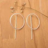 Sterling silver drop earrings, 'Chic Circle' - Circle-Themed Minimalist Sterling Silver Drop Earrings