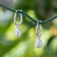 Cultured pearl hoop earrings, 'Enchanting Luminosity' - Polished Silver Cultured Pearl Hoop Earrings from Bali