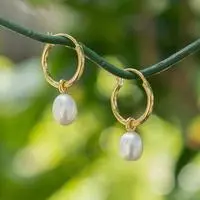 Gold-plated cultured pearl hoop earrings, 'Charming Luminosity' - 18k Gold-Plated Hoop Earrings with White Cultured Pearls