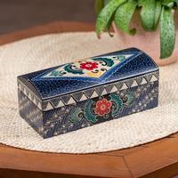 Batik wood jewelry box, 'Indigo Garden' - Hand-Carved Floral Rectangular Lined Batik Wood Jewelry Box