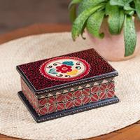 Batik wood jewelry box, 'Summer Hibiscus' - Floral-Themed Batik Wood Jewelry Box Lined in Velvet