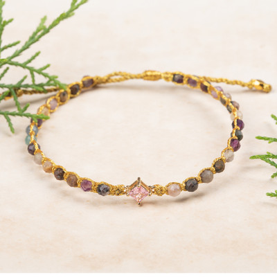 Gold-accented tourmaline and recycled glass beaded macrame pendant bracelet, 'Be Modern' - 18k Gold-Accented Tourmaline Recycled Glass Pendant Bracelet