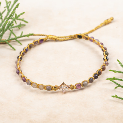 Gold-accented tourmaline and recycled glass beaded macrame pendant bracelet, 'Be Posh' - Gold-Accented Bracelet with Tourmaline and Recycled Glass
