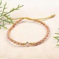 Gold-accented rhodonite and recycled glass beaded macrame pendant bracelet, 'Be Tender' ' - Gold-Accented Rhodonite Bracelet with Recycled Glass Pendant