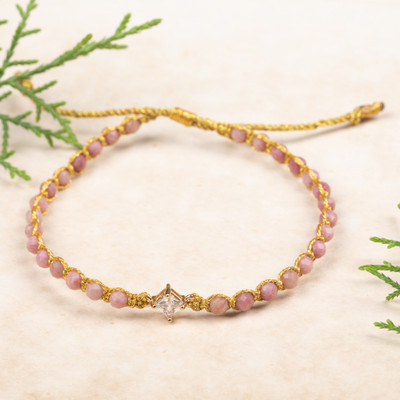 Gold-accented rhodonite and recycled glass beaded macrame pendant bracelet, 'Be Tender' ' - Gold-Accented Rhodonite Bracelet with Recycled Glass Pendant