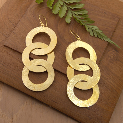 Gold-plated dangle earrings, 'Triple Success' - Textured 18k Gold-Plated Brass Dangle Earrings Made in Bali