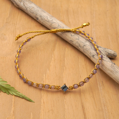 Gold-accented amethyst and recycled glass beaded macrame pendant bracelet, 'Be Cool' - Gold-Accented Amethyst Bracelet with Recycled Glass Pendant