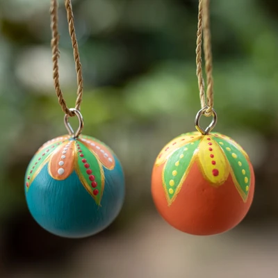 Wood ornaments, 'Colorful Holiday Globes' (pair) - Pair of Hand-Carved Painted Wood Globe Christmas Ornaments