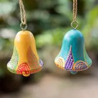 Wood ornaments, 'Colorful Holiday Bells' (pair) - 2 Bell-Shaped Hand-Carved Painted Wood Christmas Ornaments
