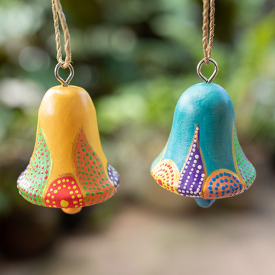 Wood ornaments, 'Colorful Holiday Bells' (pair) - 2 Bell-Shaped Hand-Carved Painted Wood Christmas Ornaments