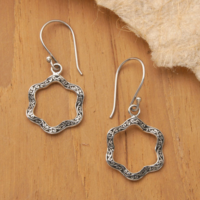 Sterling silver dangle earrings, 'Petals from Gianyar' - Balinese-Made Floral Oxidized and Polished Dangle Earrings