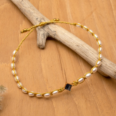 Gold-accented cultured pearl pendant bracelet, 'Be Graceful' - Golden-Thread Cultured Pearl Bracelet with Blue Pendant