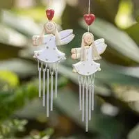 Wood and natural fiber wind chimes, 'Tiny Stars' (pair) - 2 Hand-Painted White and Gold Fairy-Themed Wood Wind Chimes