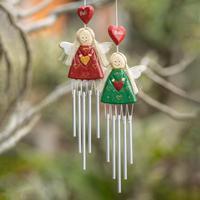 Wood and natural fiber wind chimes, 'Mirroring Hearts' (pair) - Pair of Christmas Angel and Heart-Themed Wood Wind Chimes