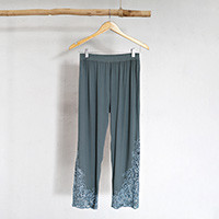 Rayon pants, 'Slate Padma Flower' - Rayon Capri Pants with Floral Vine Openwork Hand Embroidery
