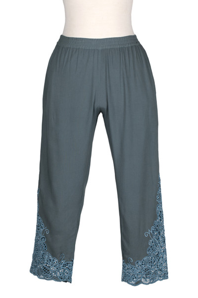 Rayon pants, 'Slate Padma Flower' - Rayon Capri Pants with Floral Vine Openwork Hand Embroidery