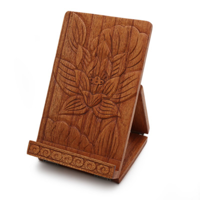 Wood tablet stand, 'Enchanting Lotus' - Lotus Flower-Themed Hand-Carved Foldable Wood Tablet Stand