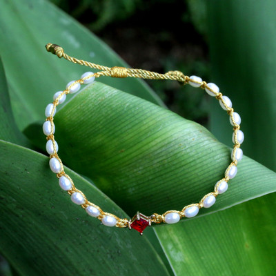 Gold-accented cultured pearl and recycled glass beaded macrame pendant bracelet, 'Be Pure' - Gold-Accented Cultured Pearl Recycled Glass Pendant Bracelet