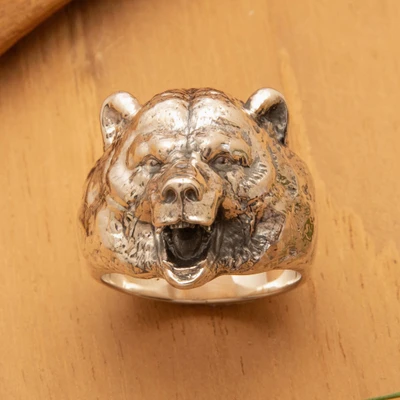Men's sterling silver cocktail ring, 'Majestic Roar' - Roaring Bear-Themed Men's Sterling Silver Cocktail Ring