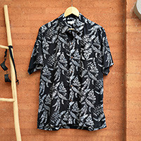 Men's batik cotton shirt, 'White Ferns' - Men's Black and White Batik Cotton Shirt with Fern Patterns