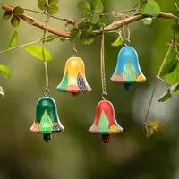 Wood ornaments, 'Vibrant Holiday Bells' (set of 4) - 4 Hand-Carved and Painted Wood Christmas Bell Ornaments