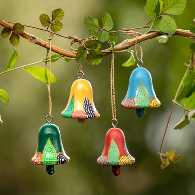 Wood ornaments, 'Vibrant Holiday Bells' (set of 4) - 4 Hand-Carved and Painted Wood Christmas Bell Ornaments