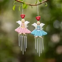 Wood and natural fiber wind chimes, 'Joyful Fairies' (pair) - Pair of Wood Natural Fiber Fairy Wind Chimes in Pastel Hues