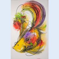 'Harmony of the Golden Fish' - Colorful Acrylic on Canvas Painting of Abstract Goldfish
