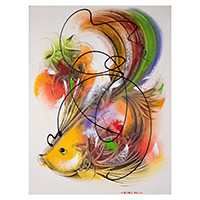 'Golden Harmony' - Modern Acrylic on Canvas Painting with Koi Fish Theme