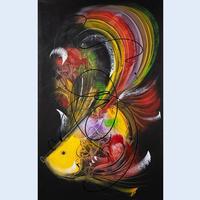 'Harmony of the Golden Fish in Black' - Acrylic Painting of Abstract Goldfish with Black Background