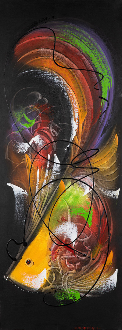 'Eternal Flow' - Abstract Goldfish-Themed Modern Acrylic Painting from Bali
