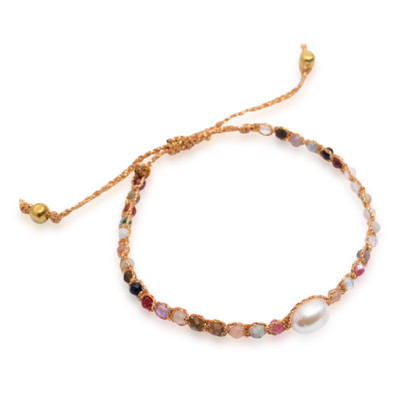 Gold-accented agate and cultured pearl bracelet, 'Sweet Rainbow' - White Cultured Pearl and Agate Pendant Bracelet from Bali