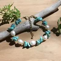 Gold-accented cultured pearl and reconstituted turquoise beaded wristband bracelet, 'Blue Water' - Gold-Accented Pearl Reconstituted Turquoise Beaded Bracelet
