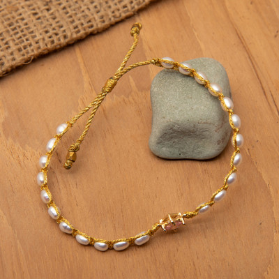 Gold-accented cultured pearl pendant bracelet, 'Be Gracious' - Natural White Cultured Pearl Recycled Glass Pendant Bracelet