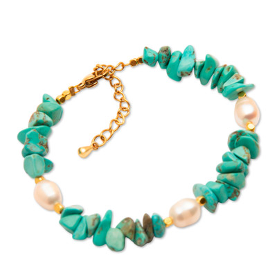 Gold-accented cultured pearl and reconstituted turquoise beaded wristband bracelet, 'Deep Water' - Pearl Reconstituted Turquoise Bracelet with 18k Gold Plate