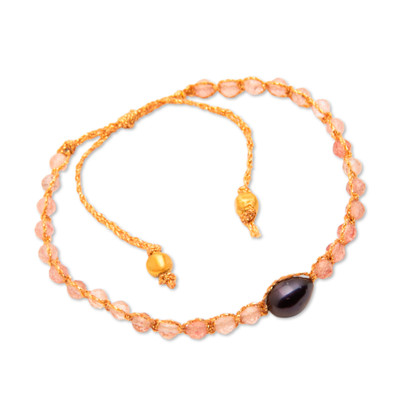 Gold-accented cultured pearl and rose quartz beaded macrame pendant bracelet, 'Sweet Beauty' - Blue Cultured Pearl Rose Quartz Gold Accent Pendant Bracelet