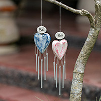 Wood wind chimes, 'Loving Melodies' (pair) - 2 Pink Blue Shabby Chic Distressed Wood Heart Wind Chimes