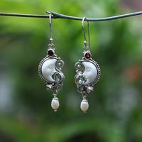 Multi-gemstone dangle earrings, 'Lunar Bali' - Balinese Moon-Themed 1-Carat Multi-Gemstone Dangle Earrings