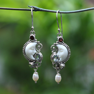 Multi-gemstone dangle earrings, 'Lunar Bali' - Balinese Moon-Themed 1-Carat Multi-Gemstone Dangle Earrings