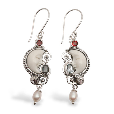 Multi-gemstone dangle earrings, 'Lunar Bali' - Balinese Moon-Themed 1-Carat Multi-Gemstone Dangle Earrings