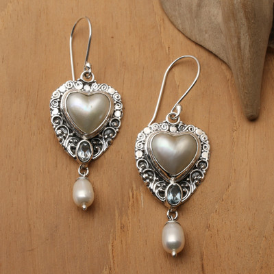 Cultured pearl and blue topaz dangle earrings, 'Loyal & In Love' - Romantic Heart Cultured Pearl and Blue Topaz Dangle Earrings
