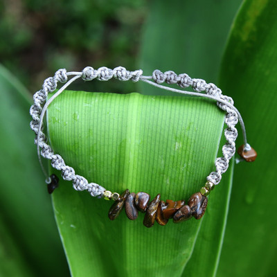 Gold-accented tiger's eye macrame pendant bracelet, 'Fiery Candy' - Adjustable Tiger's Eye Macrame Bracelet in Grey and Brown