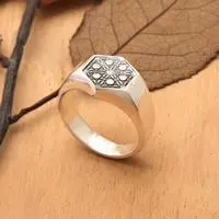 Sterling silver signet ring, 'Medieval Whispers' - Polished and Oxidized Medieval-Themed Signet Ring from Bali