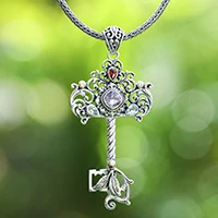 Gold-accented multi-gemstone pendant necklace, 'Key of Happiness' - Key-Themed Gold-Accented Multi-Gemstone Silver Necklace