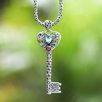 Gold-accented multi-gemstone pendant necklace, 'Key of Relationship' - Key Heart Multi-Gemstone Silver Necklace with Gold Accent
