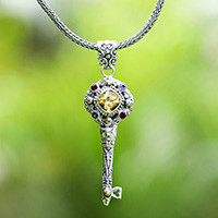 Gold-accented multi-gemstone pendant necklace, 'Key of Friendship' - Gold-Accented Citrine Garnet Amethyst Silver Key Necklace